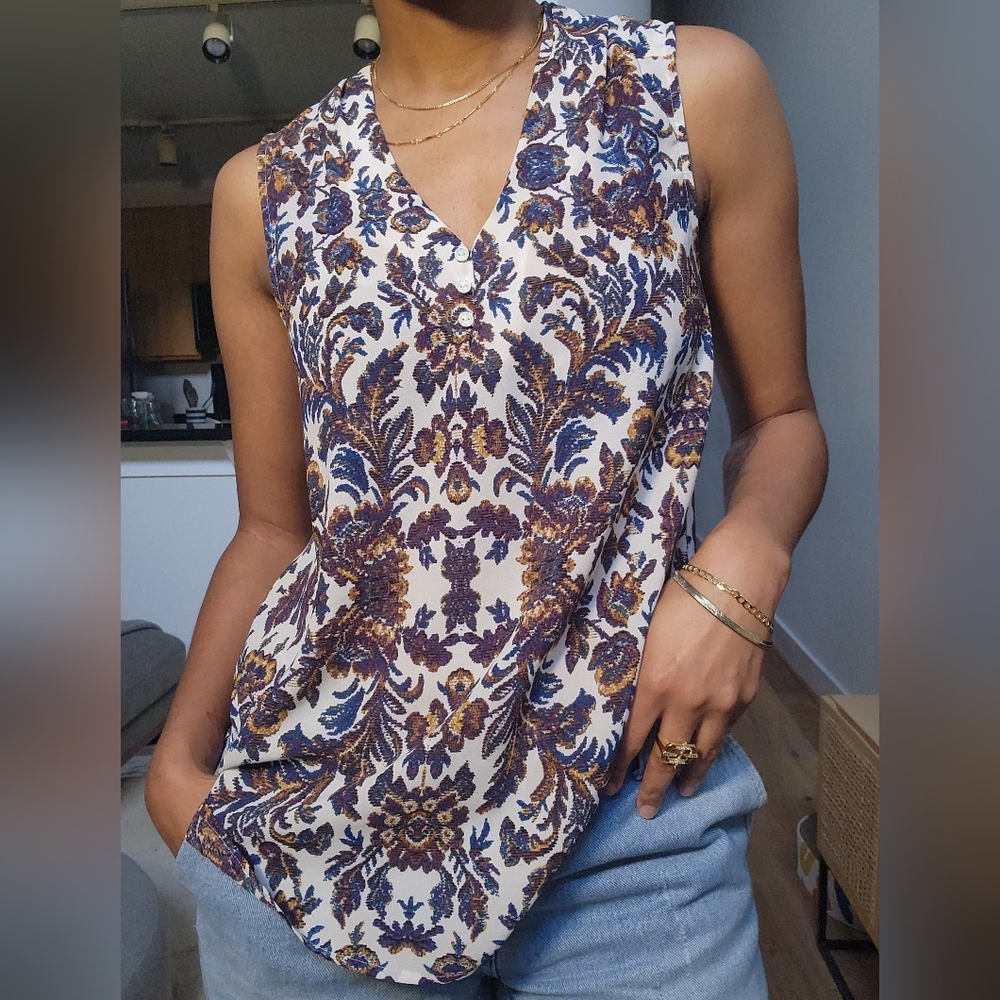 Sanctuary Sleeveless Floral Tank Top Small Cream Blue Brown Print